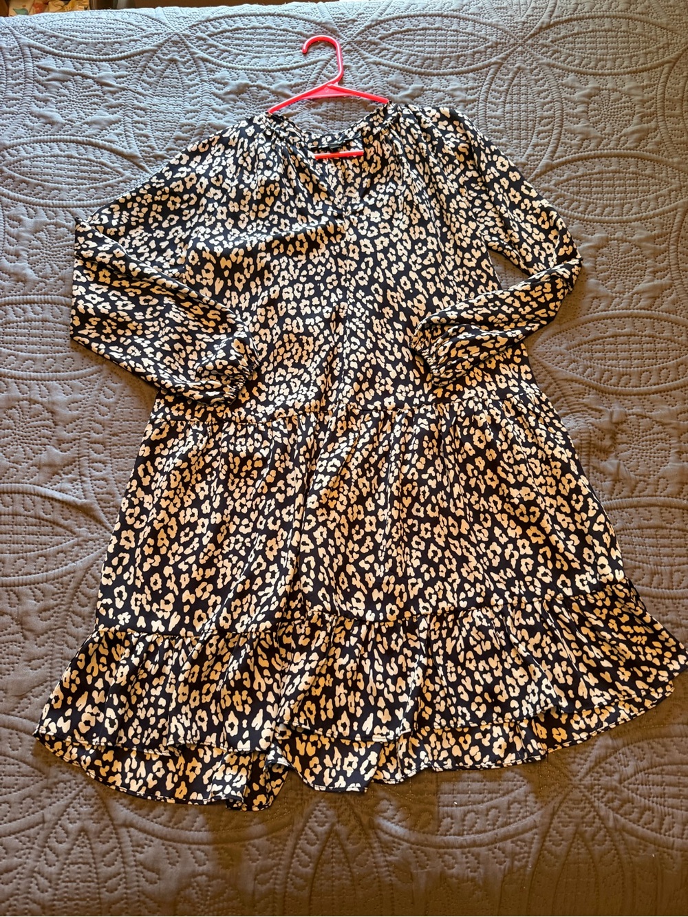 Navy and Cream Leopard Print Tiered Dress XXS